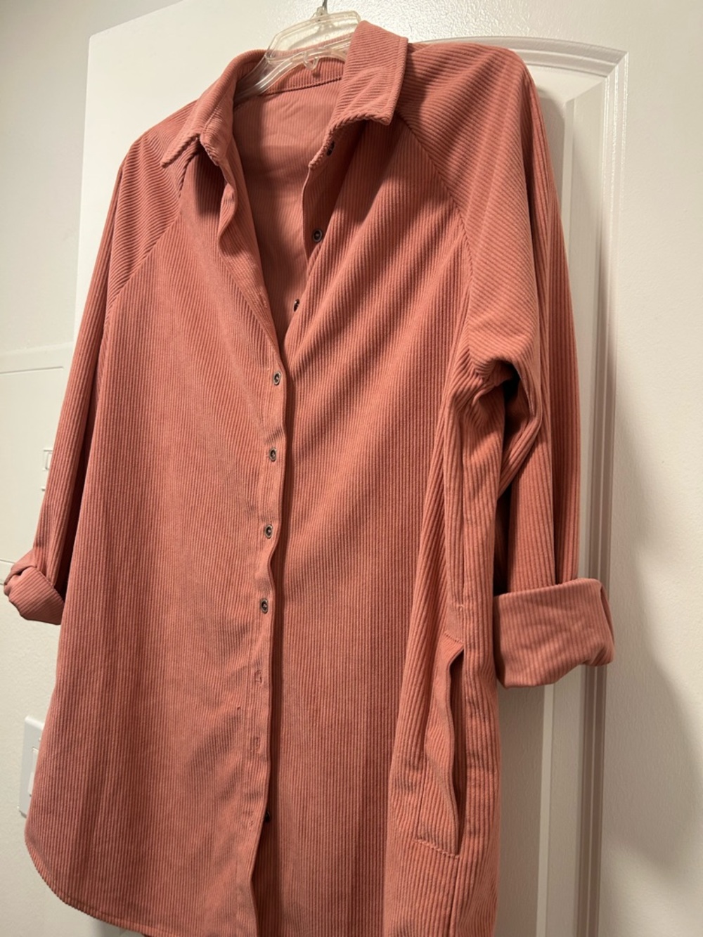 Ribbed Button-Up Shirt Jacket in Dusty Rose